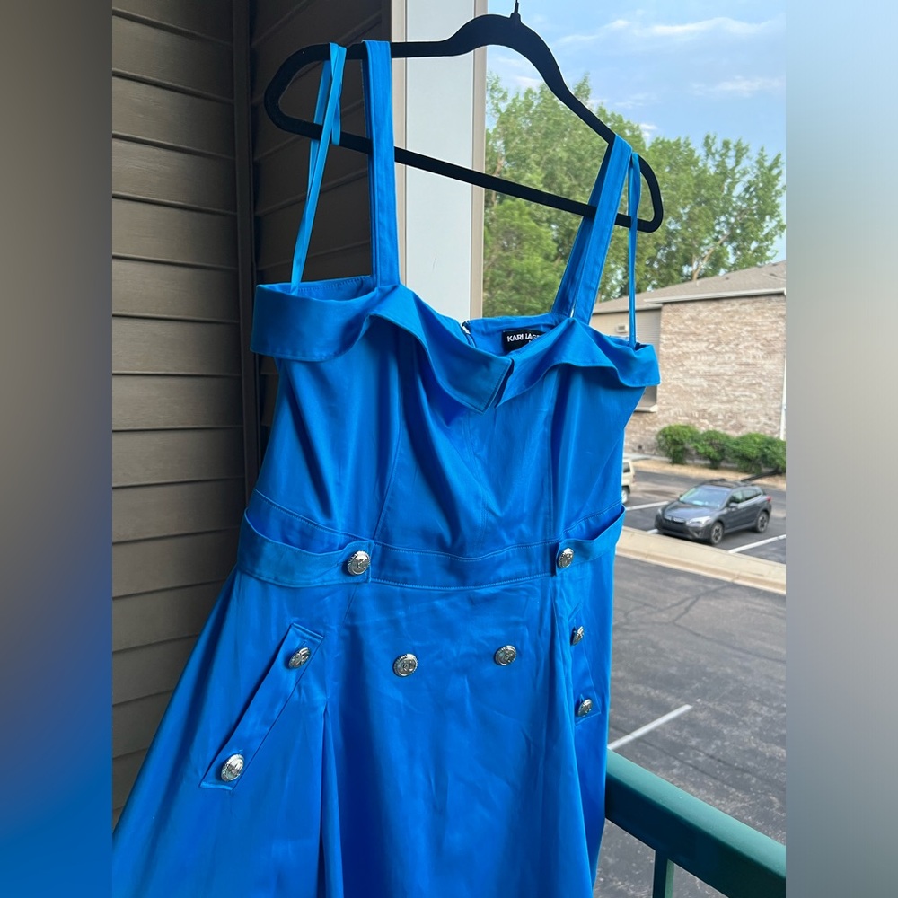 Karl Lagerfeld Blue and Gold A-Line Mini Dress - Picture 6 of 17